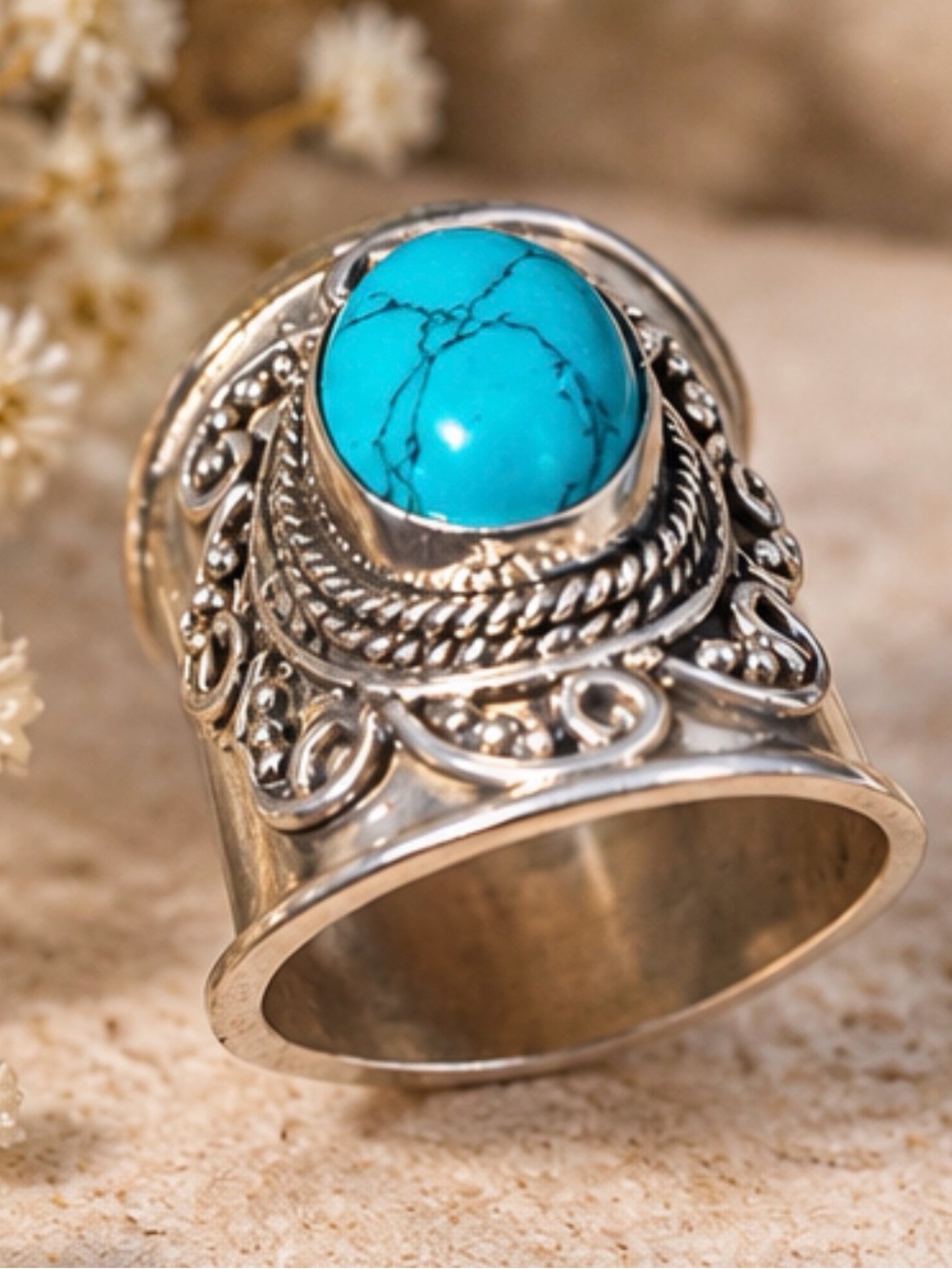 Turquoise Stone 925 sterling Silver Statement Ring - Women Jewelry